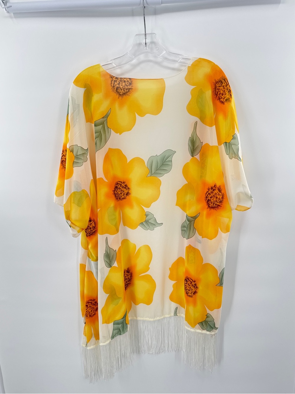 Sheer Floral Kimono Cover Up Yellow Orange Boho Fringe Hem Lightweight Summer - Picture 5 of 8